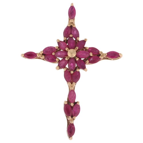 1302 - A modern 9ct gold ruby cross pendant, indistinct hallmarks, set with marquise-cut rubies, 45.2mm, 5.... 