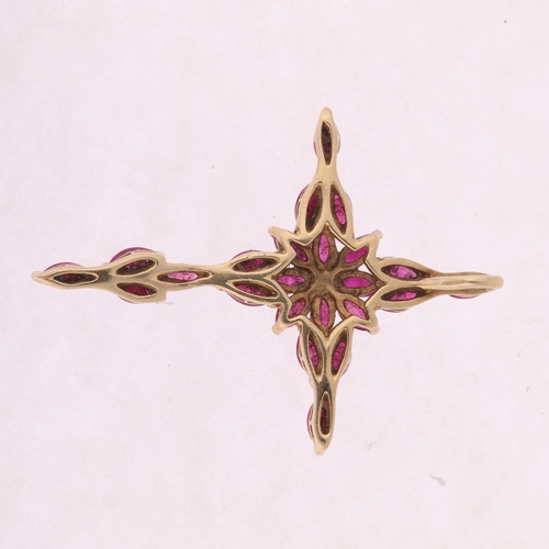 1302 - A modern 9ct gold ruby cross pendant, indistinct hallmarks, set with marquise-cut rubies, 45.2mm, 5.... 