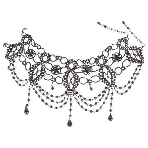 1304 - DANTE - a costume jewellery black bead festoon bib necklace, in the Victorian style, 40cm, 54.6g, wi... 