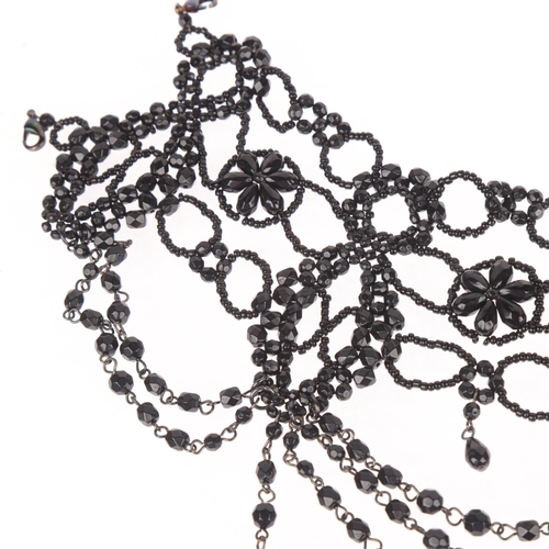 1304 - DANTE - a costume jewellery black bead festoon bib necklace, in the Victorian style, 40cm, 54.6g, wi... 