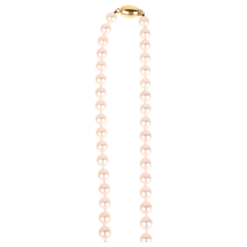 1306 - A single-row cultured pearl bead necklace, with 9ct gold barrel clasp, set with 6.1mm pearl, 48cm, 2... 