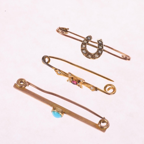 1310 - 3 Antique bar brooches, including pearl Lucky Horseshoe example, 3g gross (3)