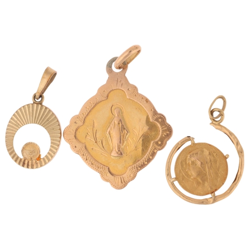 1312 - 3 Continental gold pendants, comprising 2 x 18ct, 2.5g, and 1 x 8ct, 0.9g (3)