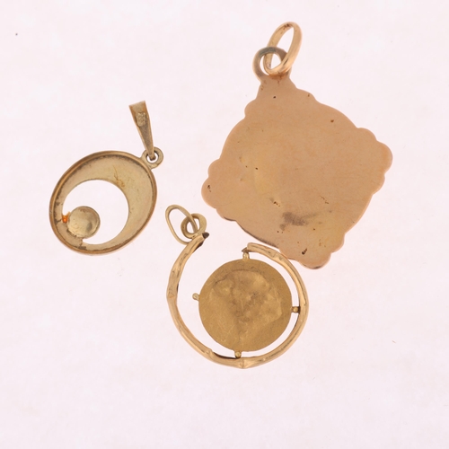 1312 - 3 Continental gold pendants, comprising 2 x 18ct, 2.5g, and 1 x 8ct, 0.9g (3)