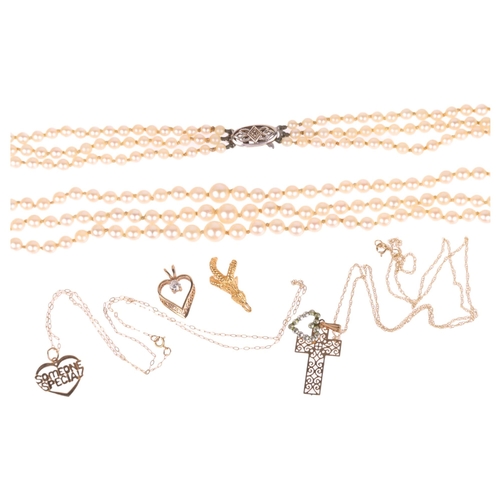 1315 - Various jewellery, including 9ct gold heart pendants, triple-strand lotus pearl necklace, etc