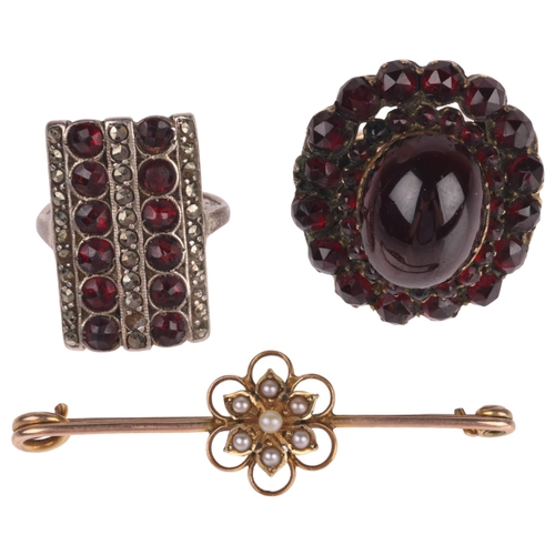 1316 - Various jewellery, comprising 9ct gold Bohemian garnet cluster ring, size K, 7.7g, 9ct pearl bar bro... 