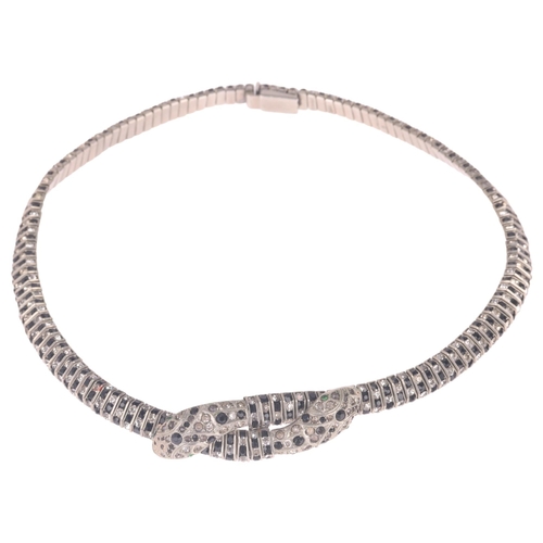 1321 - SCHREIBER & HILLER - an Art Deco German rhinestone snake collar necklace, the double entwined snakeh... 