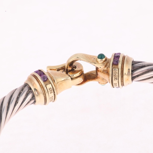 1322 - DAVID YURMAN (NEW YORK) - an American sterling silver and 14ct gold gem set hinged bangle, the twist... 