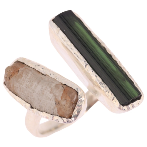 1323 - A modern sterling silver green tourmaline and quartz crystal torque ring, setting height 20.8mm, siz... 