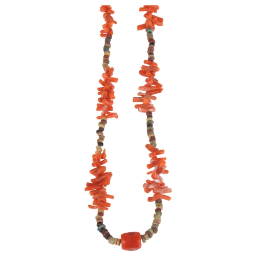 1328 - An Ethnic coral and faience bead necklace, 70cm, 33.2g