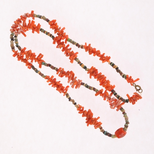 1328 - An Ethnic coral and faience bead necklace, 70cm, 33.2g