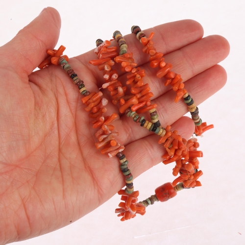 1328 - An Ethnic coral and faience bead necklace, 70cm, 33.2g