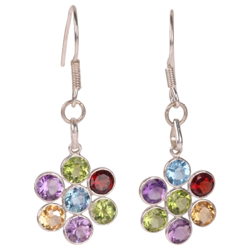 1334 - A pair of sterling silver gem set drop earrings, gem stones include amethyst peridot blue topaz garn... 