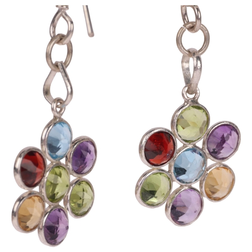 1334 - A pair of sterling silver gem set drop earrings, gem stones include amethyst peridot blue topaz garn... 