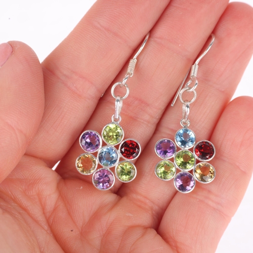 1334 - A pair of sterling silver gem set drop earrings, gem stones include amethyst peridot blue topaz garn... 