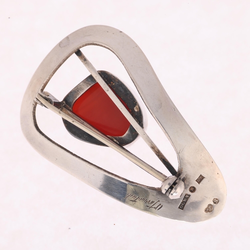 1350 - OLLE TORRESTAD - a Swedish modernist silver carnelian bead openwork brooch, circa 1957, 46.8mm, 11.1... 