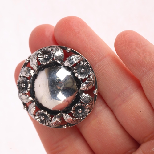 1351 - HUGO GRUN - an Art Nouveau style Danish sterling silver flowerhead bombe brooch, 33.9mm, 9.1g