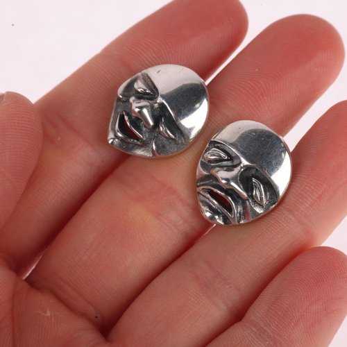 1355 - PEDER MUSSE - a pair of Danish novelty sterling silver theatrical mask cufflinks, with bolt action f... 