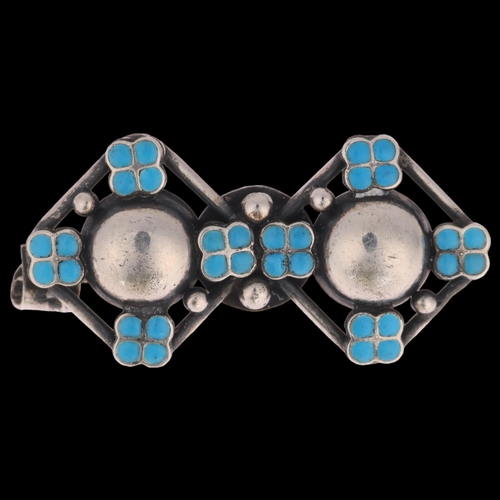 1362 - CHRISTIAN VEILSKOV - an Art Nouveau style Danish silver and blue enamel double bombe brooch, 36.8mm,... 