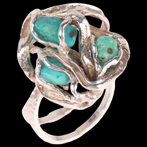 1372 - HERMANN SIERSBOL - a Danish brutalist sterling silver turquoise abstract ring, setting height 26.4mm... 