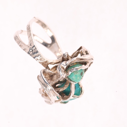 1372 - HERMANN SIERSBOL - a Danish brutalist sterling silver turquoise abstract ring, setting height 26.4mm... 