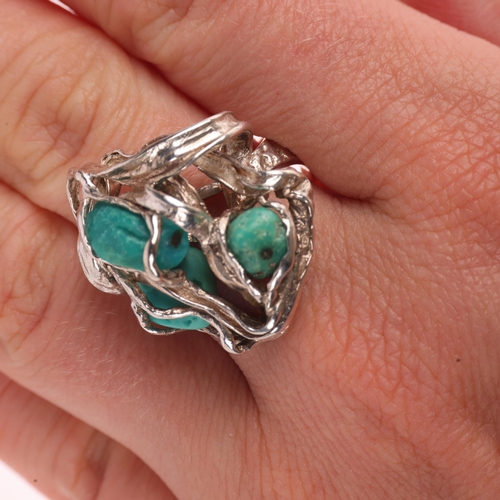 1372 - HERMANN SIERSBOL - a Danish brutalist sterling silver turquoise abstract ring, setting height 26.4mm... 