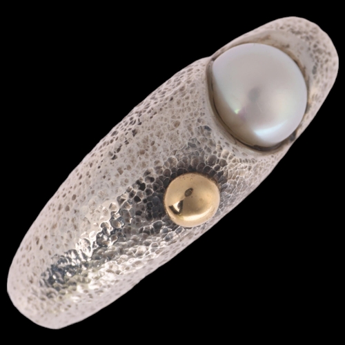 1374 - JAN JORGENSEN - a Danish modernist sterling silver cultured pearl abstract ring, with applied silver... 