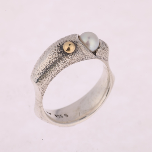 1374 - JAN JORGENSEN - a Danish modernist sterling silver cultured pearl abstract ring, with applied silver... 