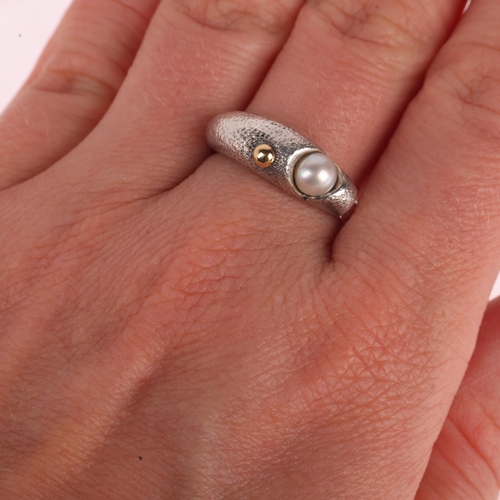 1374 - JAN JORGENSEN - a Danish modernist sterling silver cultured pearl abstract ring, with applied silver... 