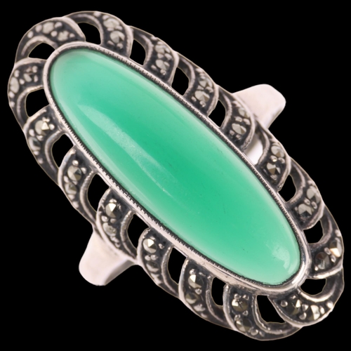 1379 - A Swedish silver chrysoprase and marcasite oval cluster ring, setting height 28.1mm, size O, 4.4g