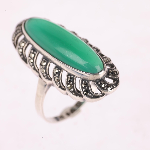 1379 - A Swedish silver chrysoprase and marcasite oval cluster ring, setting height 28.1mm, size O, 4.4g