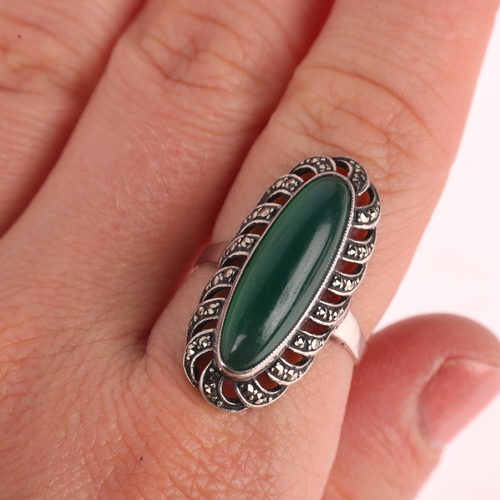 1379 - A Swedish silver chrysoprase and marcasite oval cluster ring, setting height 28.1mm, size O, 4.4g