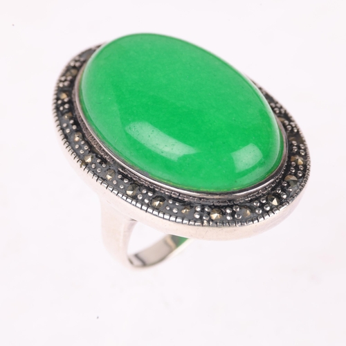 1380 - A large Swedish sterling silver aventurine quartz and marcasite oval cluster ring, setting height 32... 