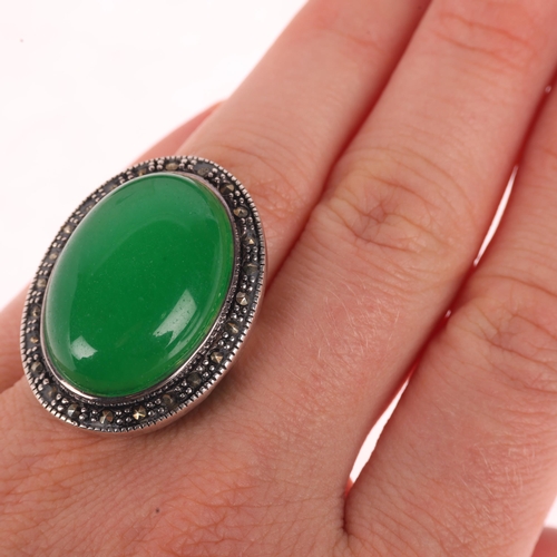 1380 - A large Swedish sterling silver aventurine quartz and marcasite oval cluster ring, setting height 32... 