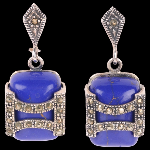 1381 - A pair of Swedish sterling silver lapis lazuli and marcasite drop earrings, with stud fittings, 34.8... 