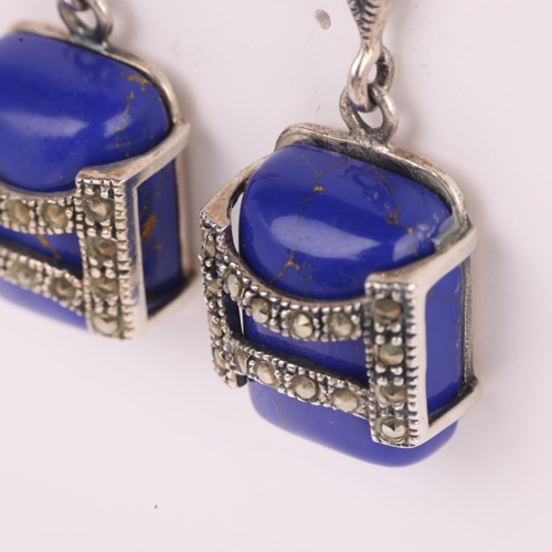 1381 - A pair of Swedish sterling silver lapis lazuli and marcasite drop earrings, with stud fittings, 34.8... 