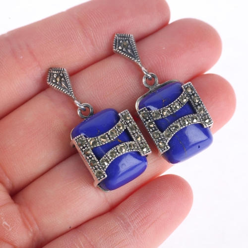 1381 - A pair of Swedish sterling silver lapis lazuli and marcasite drop earrings, with stud fittings, 34.8... 