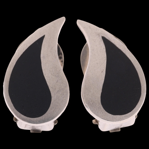 1384 - POUL WARMIND - a pair of Danish modernist sterling silver black enamel teardrop clip-on earrings, 20... 