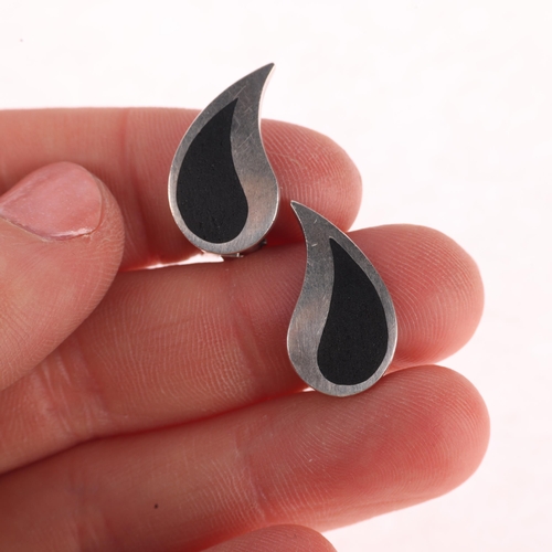 1384 - POUL WARMIND - a pair of Danish modernist sterling silver black enamel teardrop clip-on earrings, 20... 