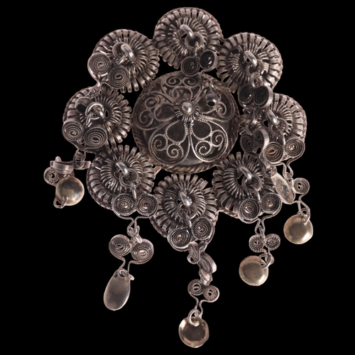 1388 - A Norwegian silver Folk Art bombe brooch, with filigree flowerhead drops, 67mm, 18.1g