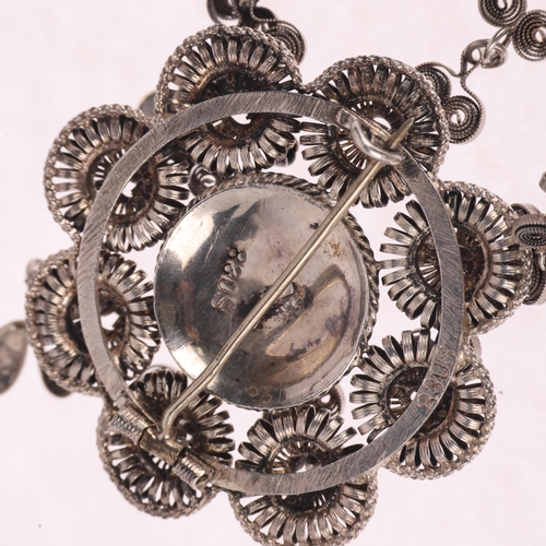 1388 - A Norwegian silver Folk Art bombe brooch, with filigree flowerhead drops, 67mm, 18.1g