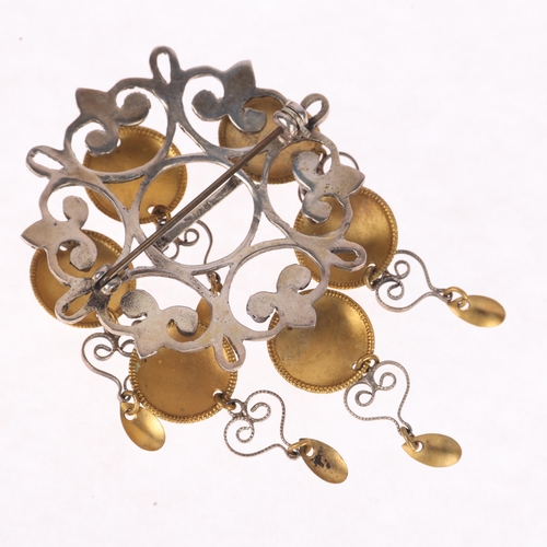 1390 - A Norwegian silver-gilt Folk Art brooch, with filigree drops, 77.3mm, 16.9g