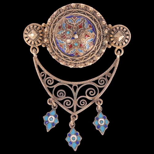 1392 - A Norwegian silver-gilt enamel Folk Art bombe brooch, with filigree wirework swing drop, 54.2mm, 9.3... 