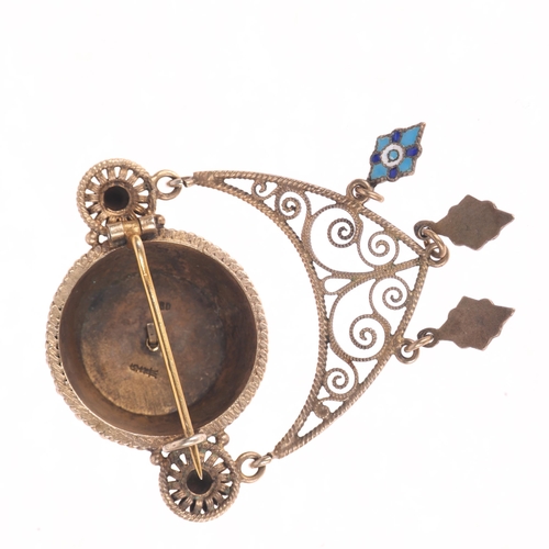 1392 - A Norwegian silver-gilt enamel Folk Art bombe brooch, with filigree wirework swing drop, 54.2mm, 9.3... 