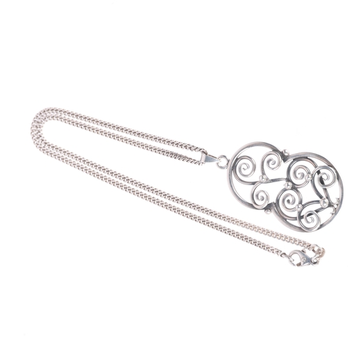 1401 - An Art Nouveau style Swedish silver openwork pendant necklace, on sterling flat curb link chain, pen... 