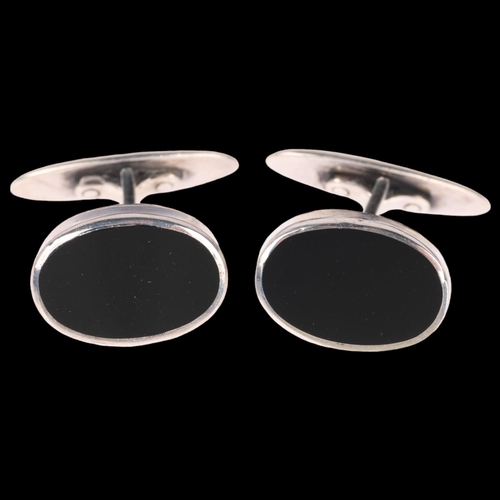 1402 - CARL OVE FRYDENSBERG - a pair of Danish modernist sterling silver black onyx cufflinks, 15.9mm, 9.1g