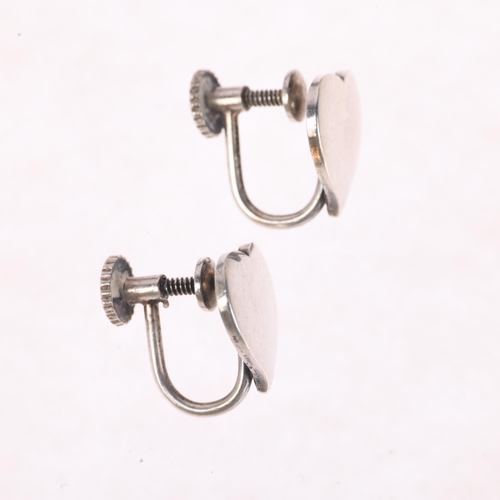 1403 - HANS HANSEN - a pair of Danish modernist sterling silver heart earrings, with screw-back fittings, 1... 