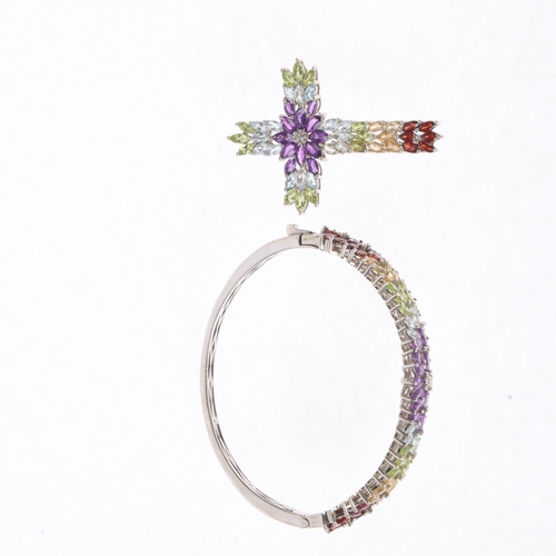 1415 - A sterling silver rainbow gem set cross pendant and hinged bangle set, pendant 56.9mm, bangle intern... 