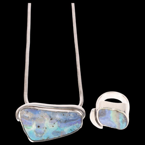 1416 - HARALD WILLIAM JENSEN - a Danish modernist sterling silver boulder opal pendant necklace and ring se... 