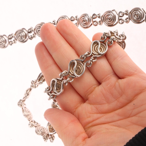 1417 - A heavy Danish sterling silver Viking Revival spiral matching necklace and bracelet set, 42cm and 20... 